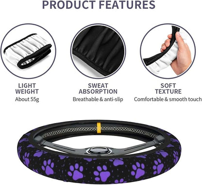Purple Paw Print Steering Wheel Cover Dog Paw Print Steering Wheel Cover Anti-Slip Breathable Universal for 15 Inch Car with 2 Pieces Car Coasters Suitable for Men Women