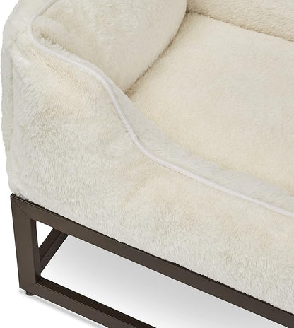 FUZI Elevated Dog Bed Small, Luxury Raised Dog Beds, Removable and Machine Washable Bed Cover, Indoor/Outdoor Orthopedic Pet Bed, Small 25.1x16.75x18 Soft White & Dark Brown Base
