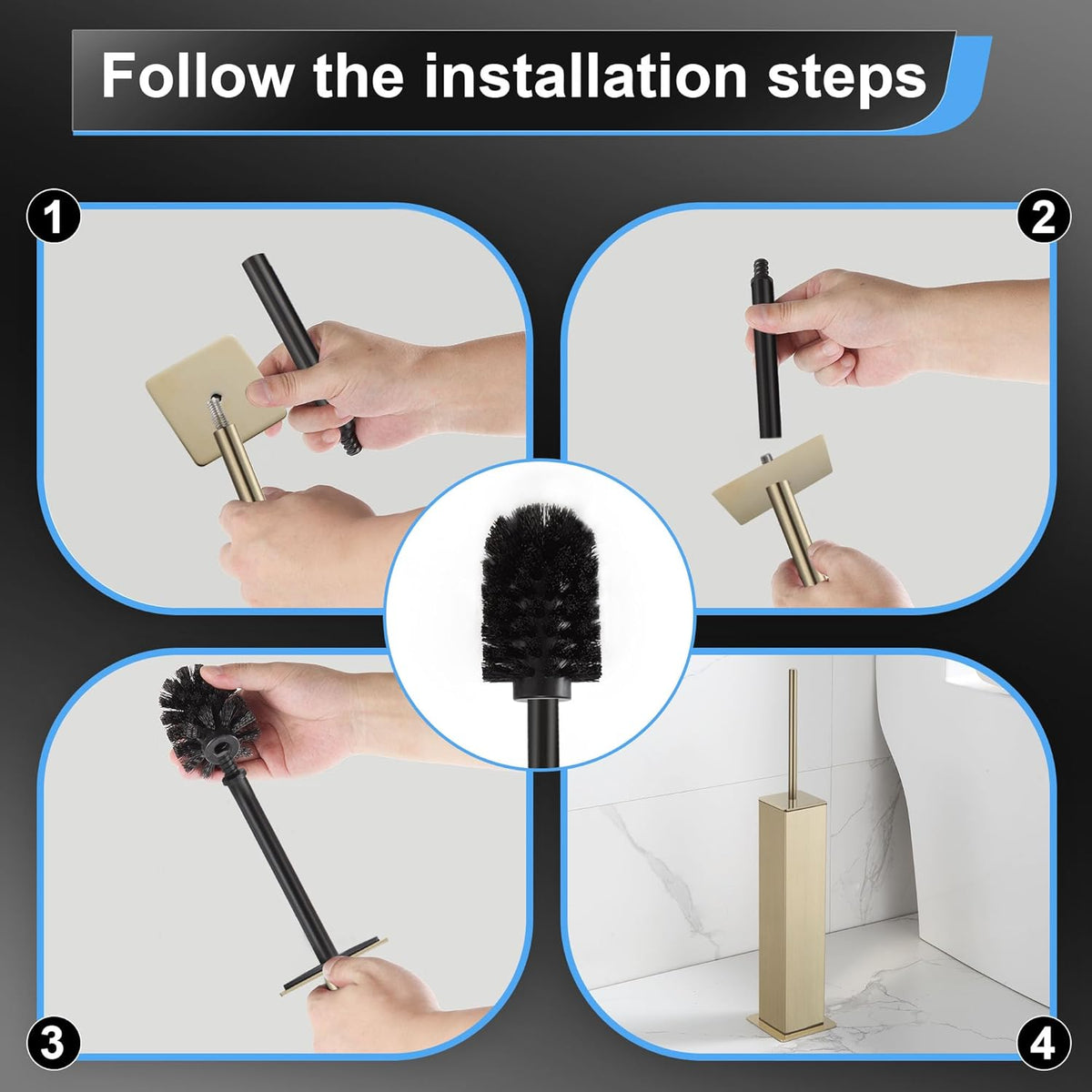 BVL Toilet Brush and Holder Set Brushed Gold Stainless Steel 304 Square Freestanding Toilet Brush for Bathroom