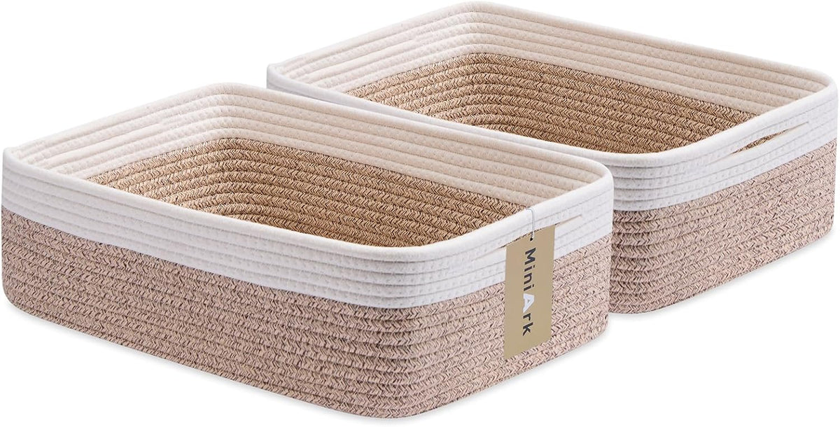 Large Shallow Organizing Baskets 15x11x5.1 Inches - Rope Woven Storage Bins for Bathroom, Shelves, Cube Closet, White Mixed Brown 2 Packs
