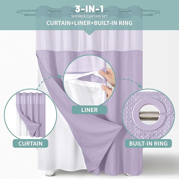 eachope Lavender Extra Long No Hook Waffle Weave Shower Curtain with snap-in Liner Replacement, 230GSM Waterproof Fabric Hotel Shower Curtain Set for Bathroom, Through Mesh Top Window,71Wx86H
