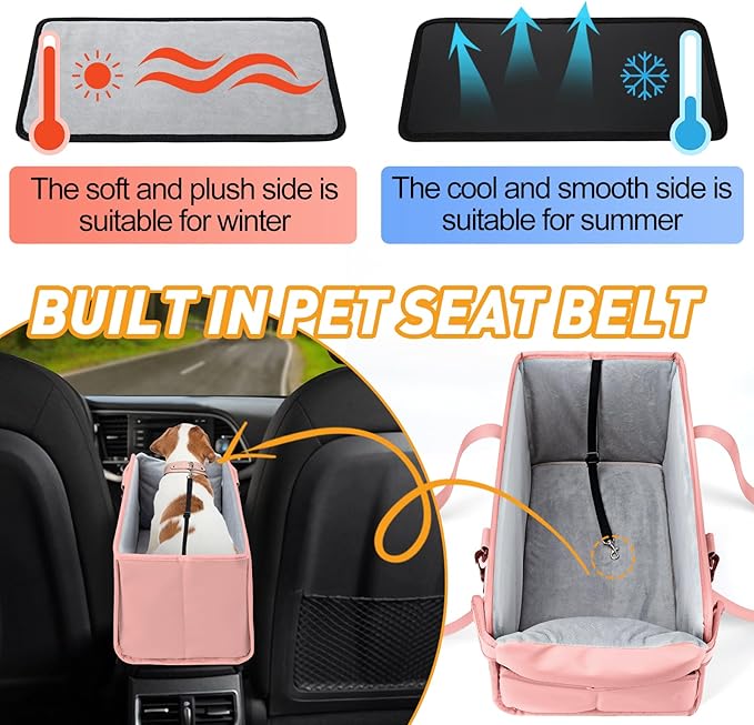 Portable Dog Car Seat for Small Dogs - Adjustable Safety Leash, Washable Cushion & Storage Pocket - Pet Booster Seat for Car Travel- Pink