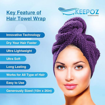 KEEPOZ Hair Towel Wrap Quick Dry 100% Cotton Super Absorbent Turban Head Wrap for Women with Button, Non Microfiber Anti Frizz Hair Products, Hair Cap for Curly, Long Hair (Purple Check, 2 Pcs)