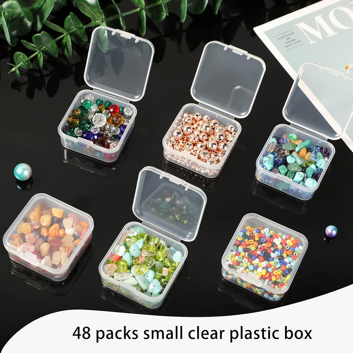 SATINIOR 48 Packs Clear Small Plastic Containers Transparent Storage Box with Hinged Lid for Items Crafts Jewelry (1.7 x 1.7 0.79 Inches)