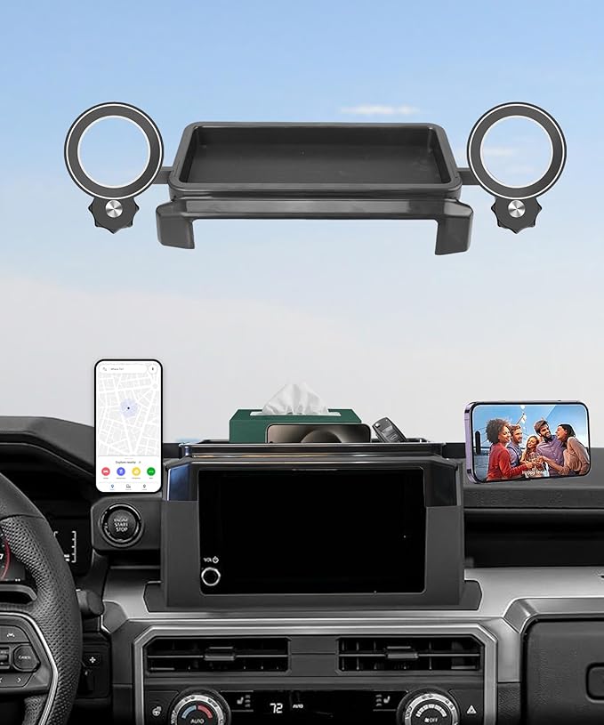 Car Phone Holder for Toyota Tacoma 2024 2025 2026 Accessories Magnetic Cell Phone Mount Apply to 8 Inch Screen Fixed Clip Hands-Free 360 Degree Rotation with Dashboard Storage Tray