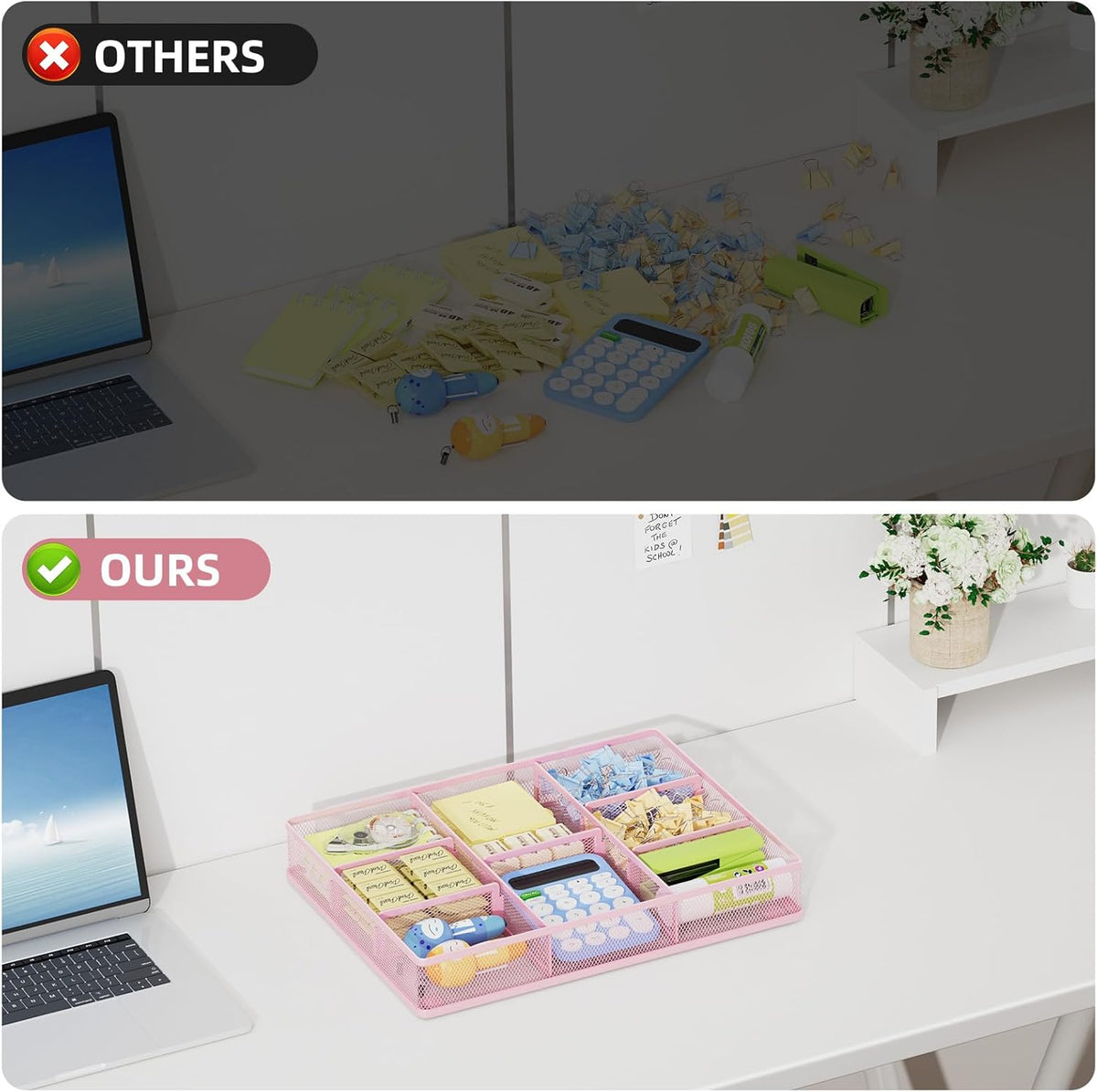 Marbrasse Pink Desk Drawer Organizer, Metal Mesh Drawer Organizer Tray with 5 Adjustable Compartments,Desk Organizers and Accessories for Home,Office,Kitchen,Makeup,Vanity (Pink)