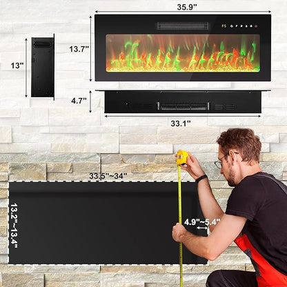 36" Electric Fireplace Insert, Wall Mounted & Recessed Heater, Slim