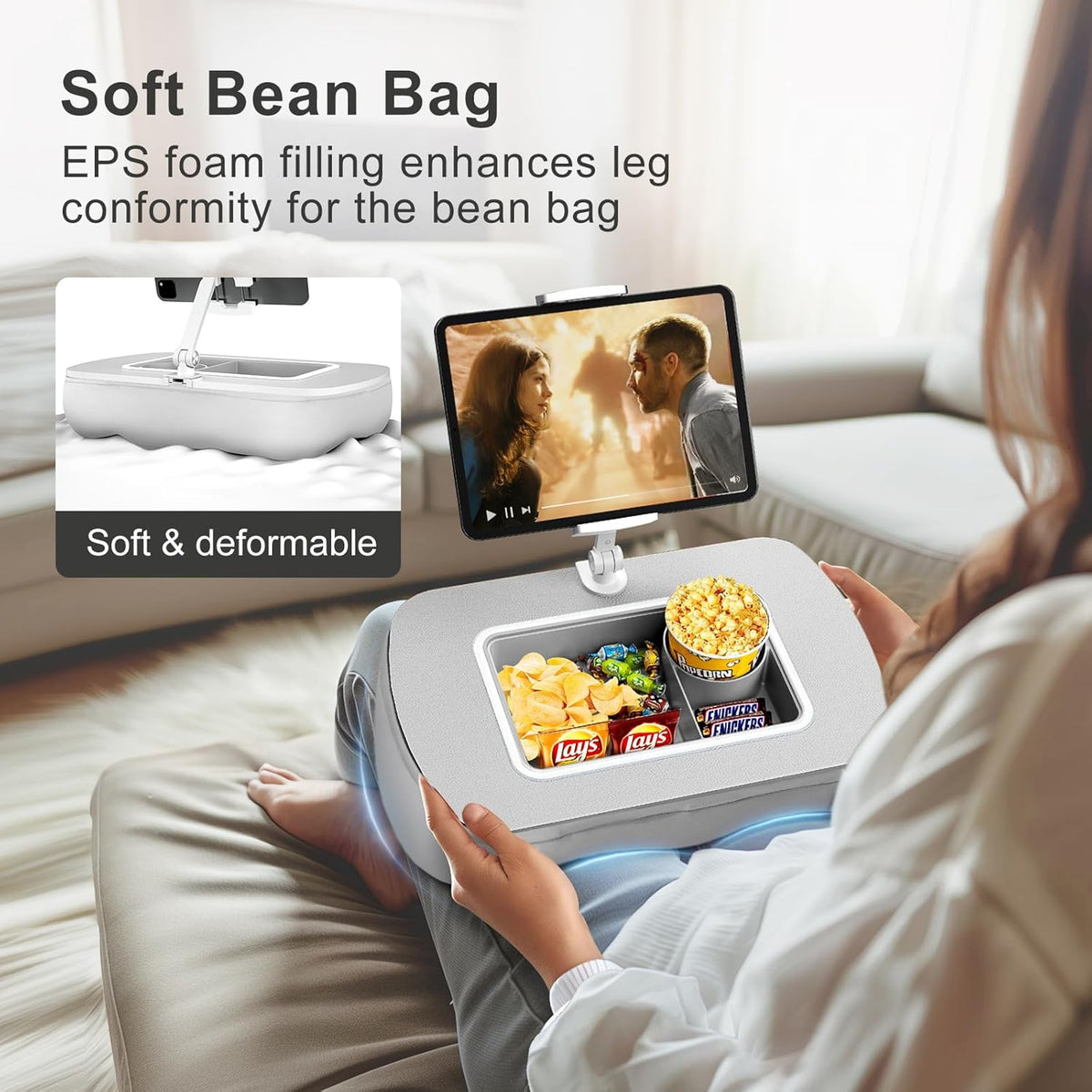 Tablet Stand Pillow with Snack Bowl, iPad Lap Holder for Hands-Free Reading and Relaxation on Bed,Couch,Recliner, 360° Rotating Clip for 4.7-13" Kindle,eBook,Tablet,iPhone (Light Gray)