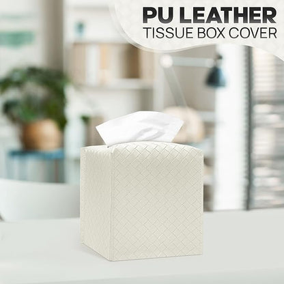 Tissue Box Cover Holder, PU Leather Tissue Box Cover with Braided Pattern, Square Tissue Holder with Bottom Belt, Modern Organizer for Bathroom, Car, Office, Tabletop (White., 12 Braided Patterns)
