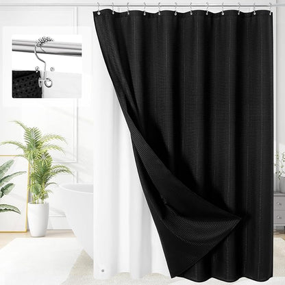 Craidlela 3 in 1 Shower Curtain Set, Black Waffle Shower Curtain and PEVA Liner Set with 12 Stainless Steel Shower Curtain Hooks, Waterproof Fabric Shower Curtains for Bathroom, 72 W x 72 H
