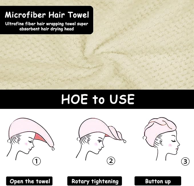 YHPDYL 3 Pack Microfiber Hair Towel Wrap for Women, Fast Drying Hair Turban with Button, Anti-Frizz Large Hair Towel for All Hair Styles, Soft & Absorbent Hair Drying Towel(White,Khaki,Grey)