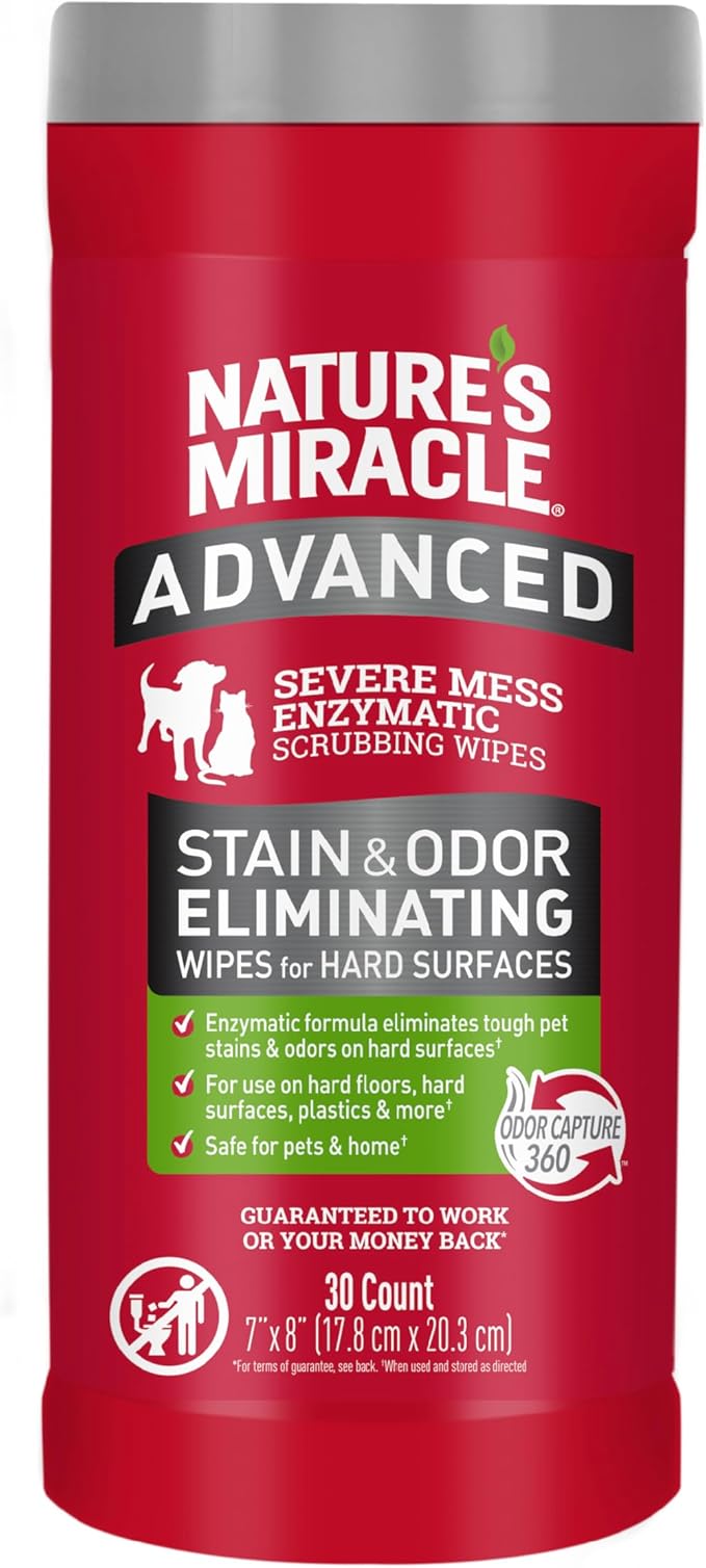 Nature’s Miracle Advanced Stain And Odor Eliminating Wipes for Hard Surfaces, 30 Count, Enzymatic Formula Eliminates Tough Pet Messes
