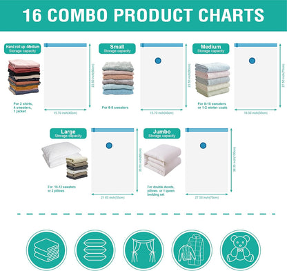 16 Pack Vacuum Storage Bags, Space Saver Bags (2Jumbo/2Large/3Medium/3Small/6Roll) Compression Storage Bags for Comforters and Blankets, Vacuum Sealer Bags for Clothes Storage, Hand Pump Included