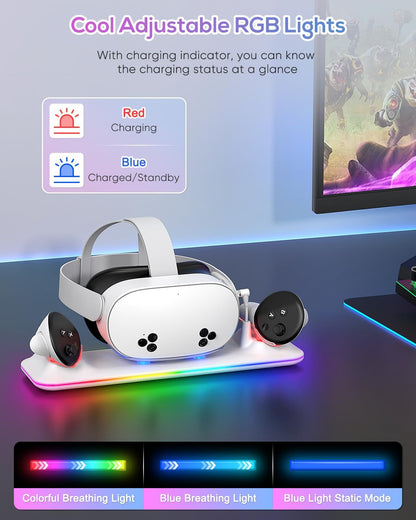 Charging Dock for Meta Quest 3S/3, Kinwin PD 18W Fast Charging Station for Oculus 3S Accessories with RGB Light, Magnetic Charger Stand for Headset/Controller with 2 Rechargeable Batteries-Black