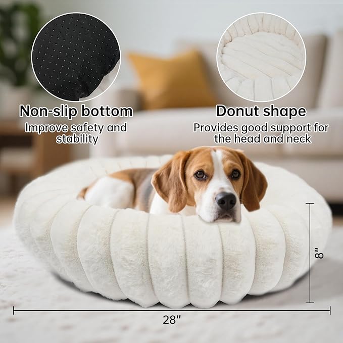 Vhen When Donut Dog and Cat Bed, Luxurious Comfortable Faux Rabbit Fur Pet Beds, Round Anti-Anxiety Calming Puppy Kitten Bed with Anti-Slip Bottom for Small Medium Dogs & Cats(28", White)