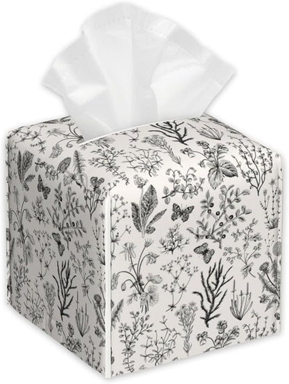 Vintage Wild Flowers Tissue Box Cover Square,Herbs Tissue Box Holder with Belt Bottom,Stylish Leather Napkin Holder for Vanity Countertop,Nightstands,Office Desk,5.2"×5.2"×5.2"