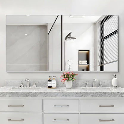 30x55In Silver Bathroom Mirror for Wall, Brushed Nickel Rectangle Mirrors