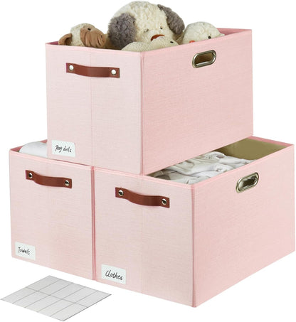 3-Pack Foldable Fabric Storage Bins with Durable PU & Metal Handles, Collapsible Storage Baskets for Shelves, Home Storage, Closet Organizers, Living Room(17"x11.8"x11.8", Pink)