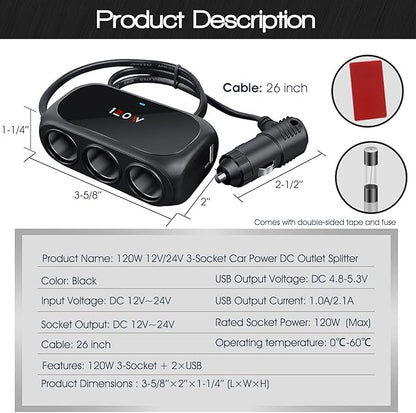 3-Socket Car Cigarette Lighter Splitter Adapter, 2 USB Splitter Extender [120W] [12V/24V] [3.1A Dual USB Car Charger] [Black] for Device with Emergency Warning Light