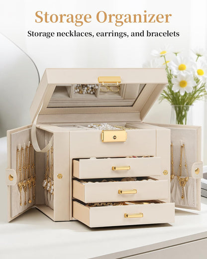 TORIBIO Jewelry Box for Women, Leather Jewelry Organizer with Mirror & Lock, 4-Tier Jewelry Storage Organizer with 3 Drawers for Girls/Women/Mothers, Necklace Earring Bracelets Holder Organizer