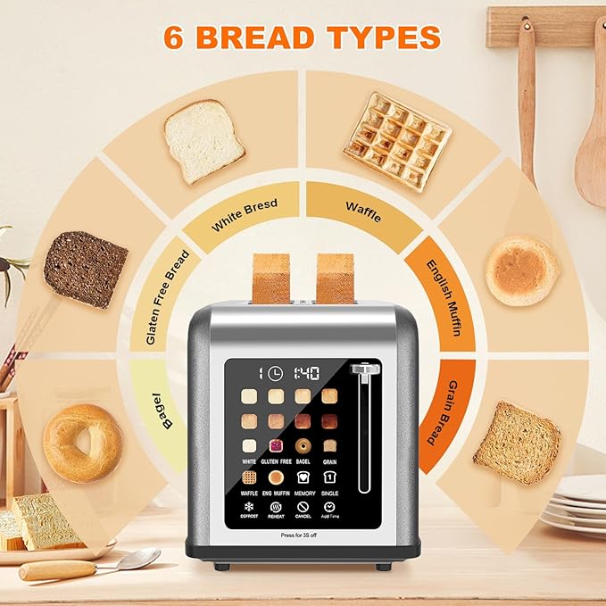 2 Slice Toaster Touch Screen, Stainless Steel Toasters Digital Timer 2 Slot