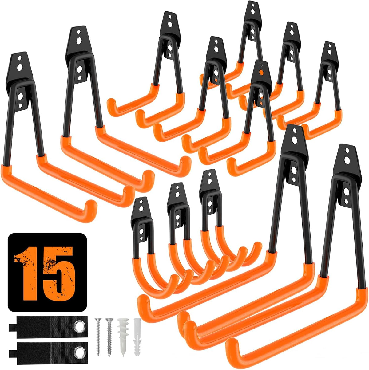 QcoQce 15 Pack Garage Hooks Heavy Duty with 2 Extension Cord Straps,Garage Storage Hooks, Wall Mount Hooks, Garage Organization and Tool Hangers for Bike, Ladder, Ropes and Garden Tools(Orange)