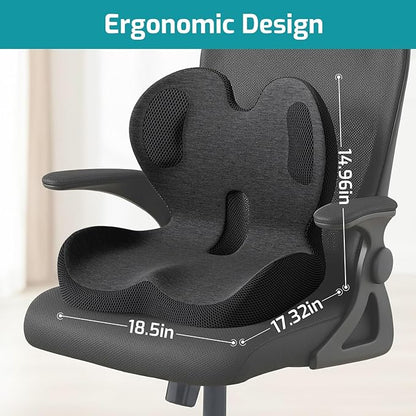 Memory Foam Seat Cushion,Office Chair Cushion with Lumbar Support,L-Shape Ergonomic Cushions with Strap,Non-Slip Sciatica,Hemorrhoids, Tailbone Pain Relief for Office Workers,Driver (Black+ Gray)