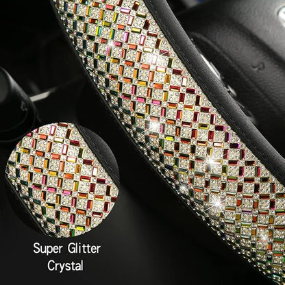 Bling Dianmond Leather Steering Wheel Cover for Women Girls with Crystal Rhinestones, Universal Fit 14.5“-15” in Car Steering Wheel Cover Accessories