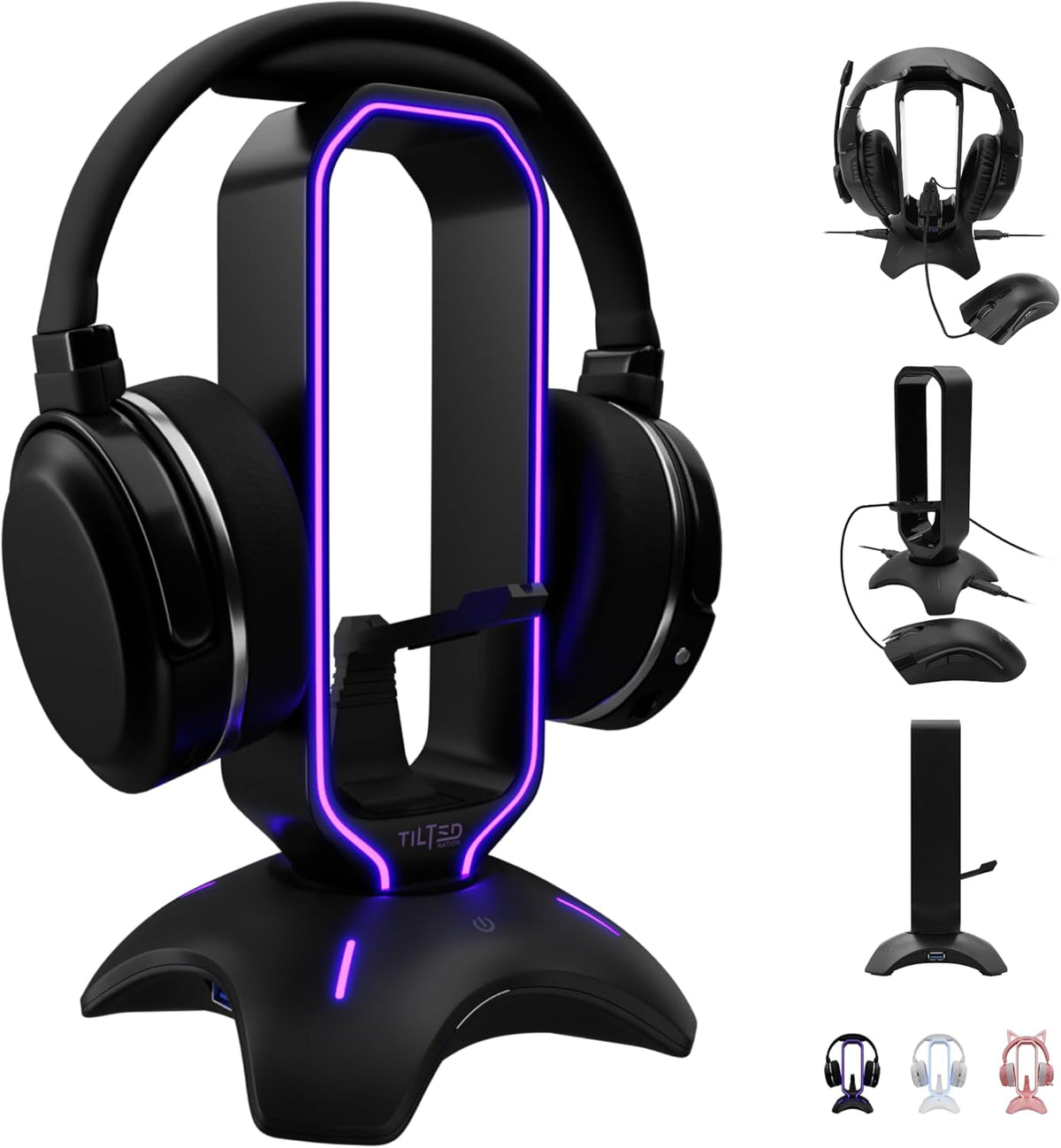 Tilted Nation Gaming Headset Stand | RGB Headphone Stand for Desk with Mouse Bungee and USB Hub (Cool and Clean Setup) Gaming Headset Holder - Perfect Gamer Gift Accessory