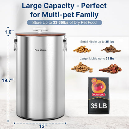 35 Lbs Stainless Steel Dog Food Storage Container with Airtight Wooden Lid & Ceramic Bone Handle, Large Metal Dog Food Bin, Pet Treat Jars for Dogs & Cats, Keep Fresh, Easy to Clean