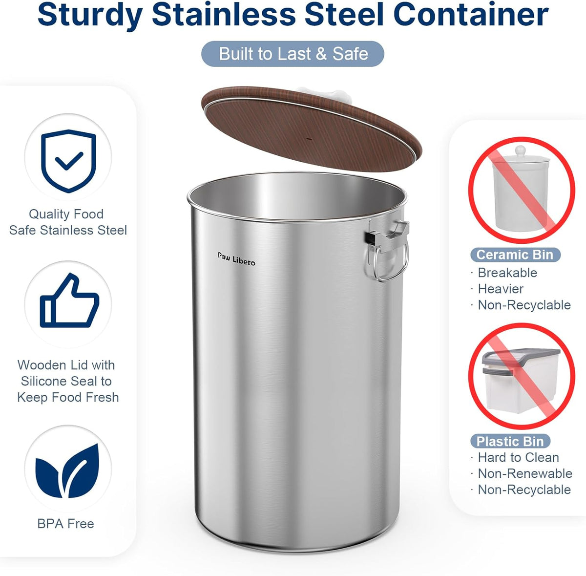 35 Lbs Stainless Steel Dog Food Storage Container with Airtight Wooden Lid & Ceramic Bone Handle, Large Metal Dog Food Bin, Pet Treat Jars for Dogs & Cats, Keep Fresh, Easy to Clean