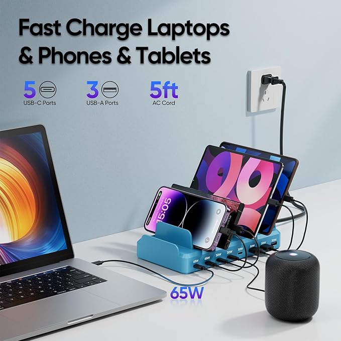 300W Charging Station for Multiple Devices, 8 Port Multi USB C Fast Charger