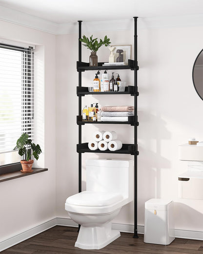 ALLZONE 4 Tier Over The Toilet Storage, Adjustable Wood Over Toilet Bathroom Organizer, Freestanding Shelves, Fit Most Showers Over The Toilet Shelf, 92 to 116 Inch Tall, Black