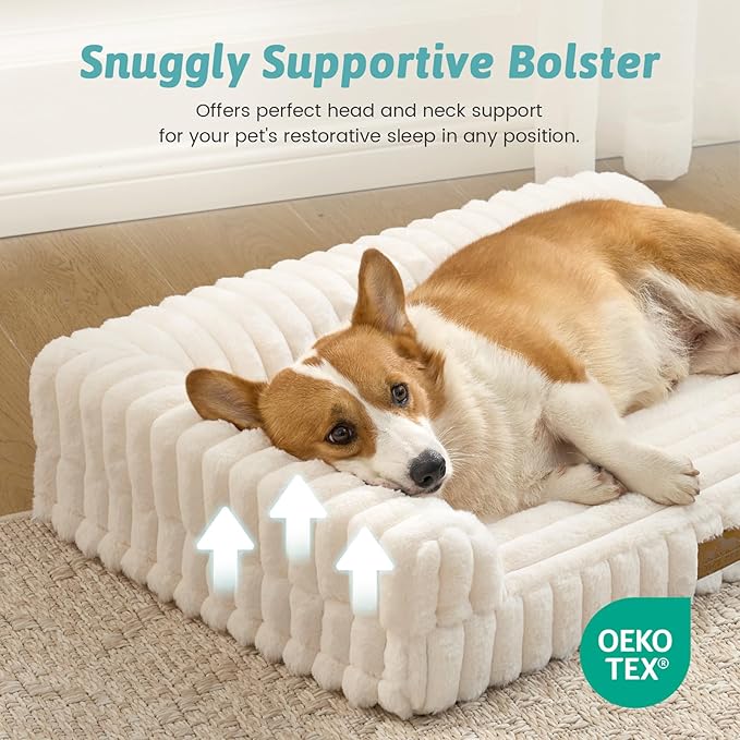 COZY KISS Cute Dog Bed, Faux Rabbit Fur Orthopedic Foam Dog Bed with Sides, Removable Washable Cover & Waterproof Lining, Comfortable Pet Couch for Medium Dogs, Cream (36" L x 27" W x 6.5" Th)