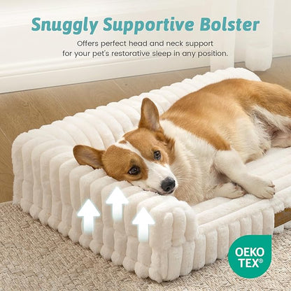 COZY KISS Cute Dog Bed, Faux Rabbit Fur Orthopedic Foam Dog Bed with Sides, Removable Washable Cover & Waterproof Lining, Comfortable Pet Couch for Medium Dogs, Cream (36" L x 27" W x 6.5" Th)