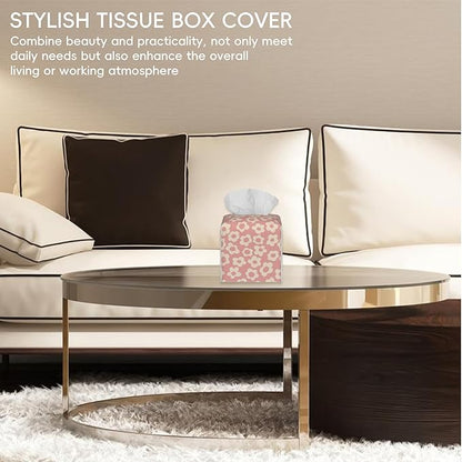Tissue Box Cover Leather Tissue Box Holder Cube Tissue Case Cover Facial Paper Organizer Dispenser for Bathroom, Vanity Countertop, Office Desk (Vintage Groovy Flowers)