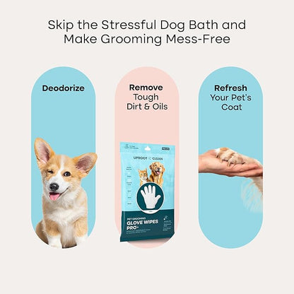 Uproot QuickClean Gloves Pro: 1 Month Supply - Extra-Thick Pet Glove Wipes for Dogs & Cats - Easy Wipe Paws, Eyes, Ears, Butt, & Body - Lick-Safe - Cleaning, Deodorizing & Grooming (6 Pack)