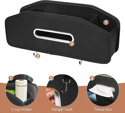 JEYODA Car Seat Back Organizer with 2 Drink Cup Holder,Car Tissue Holder and Storage Box Hook, 3 in 1 Multifunctional Storage for Food Drink Phone, Travel Accessories (Beige)