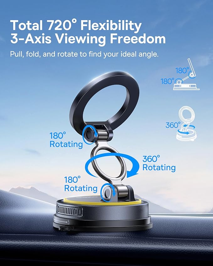 Baseus for Magsafe Car Mount, Vacuum 119LBS Magnetic Suction Cup Phone Holder for Car, 720° Adjustable Foldable Cell Phone Holder with Reusable Washable Gel for Car & for iPhone 17 16 15 14 13 Pro Max