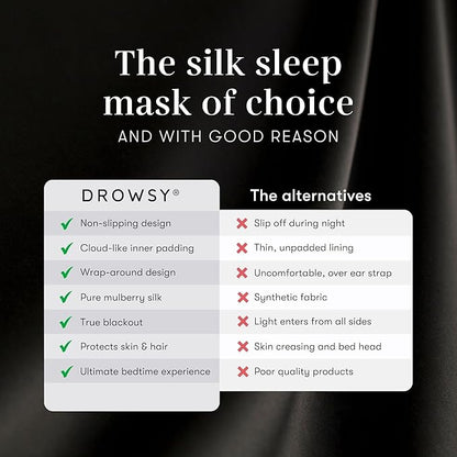 DROWSY Silk Sleep Mask - Face-Hugging, Padded Cocoon for Luxury Sleep in Total Darkness - 100% Pure Mulberry Silk (Black Jade)