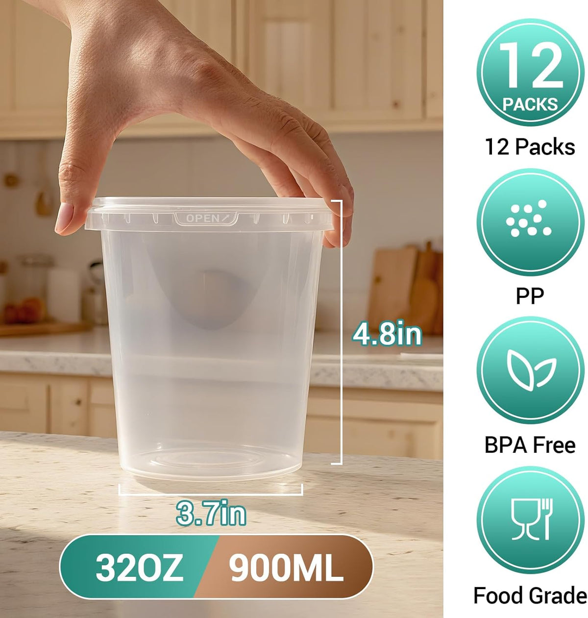 12 Pack 32 oz Clear Plastic Bucket with Lid, Food Storage Containers, Freezer Plastic Cups, Leakproof, BPA Free, Microwave & Dishwasher Safe Takeout Container - Ideal for Soup and More