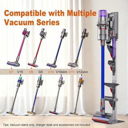 Vacuum Stand for Dyson with Foldable Storage Hooks and Heavy-Duty Carbon Steel Base, No Drill Installation, Space-Saving Organizer for All Dyson Cordless Vacuums & Accessories