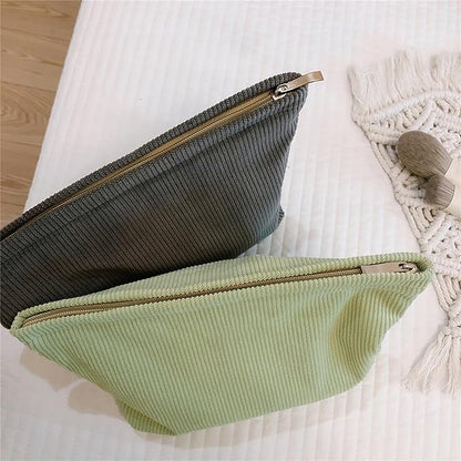 HAPPYHEIDI Fresh Green Corduroy Makeup Bag with Compartment Cosmetic Toiletry Travel Pouch, Make Up Accessory Purse Organizer, Canvas Lined
