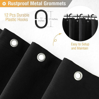 BTTN Black Fabric Shower Curtain - Linen Textured Heavy Duty Cloth Shower Curtain Set with 12 Plastic Hooks, Rust Resistant, Machine Washable, Simple Hotel Spa Luxury Bath Curtains for Bathroom, 72x72