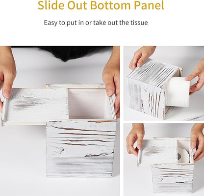 CATORY Tissue Box Cover, Wood Tissue Box Cover Square, Farmhouse Tissue Box Holder Covers Your Tissues, Decorative Tissue Cube Box Cover with Slide-Out Bottom (White)