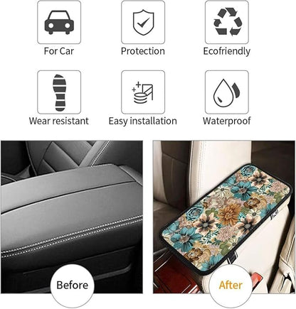 Car Center Console Cover Vintage Floral Auto Armrest Padded Armrest Cushion Leaf Brown Retro Easy Install for SUV Sedan Cars Comfort Protection for Most Vehicle, SUV, Truck, Sedans