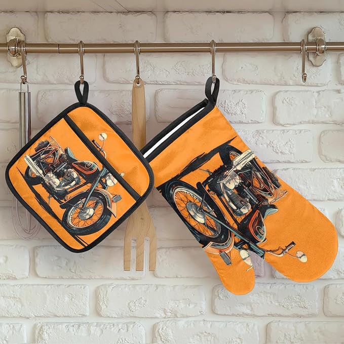 Motorcycle Theme Oven Mitts and Pot Holders Sets, 2 Pcs Decorative Kitchen Oven Glove for Cooking