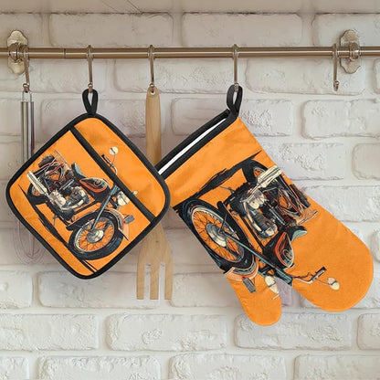 Motorcycle Theme Oven Mitts and Pot Holders Sets, 2 Pcs Decorative Kitchen Oven Glove for Cooking