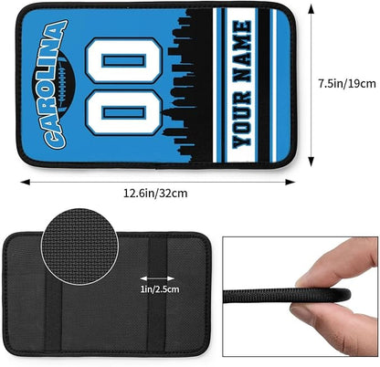 Custom Carolina Car Armrest Covers Personalized Football Style with Name Number Customized Auto Center Console Pad Car Handrail Box Cushion for Most Vehicle Decor Accessories, Fans Gift