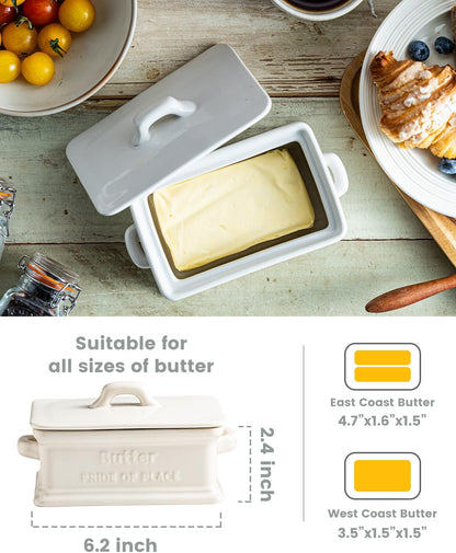 Butter Dish with Lid, Ceramic Butter Dish for Countertop Butter Holder Container Large Butter Keeper for East West Coast Butter, Thanksgiving, Christmas, White